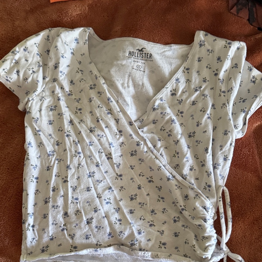 Hollister Ivory Wrap Top with Blue Floral Design
